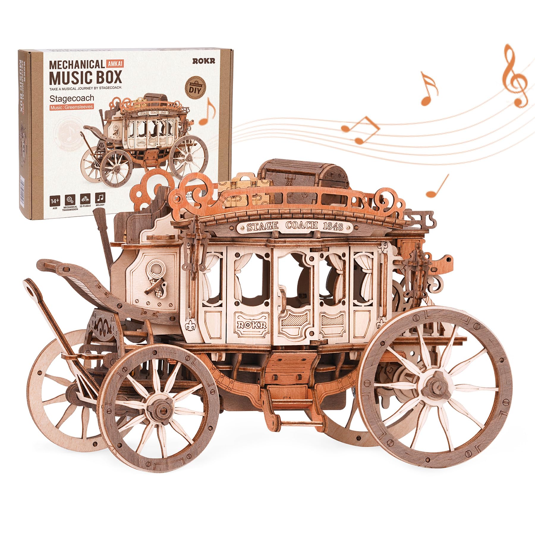 

Robotime Wooden Music Box Puzzle 3D Puzzles Mechanical Building Construction Craft Birthday Anniversary Day Gift Kits Stagecoach
