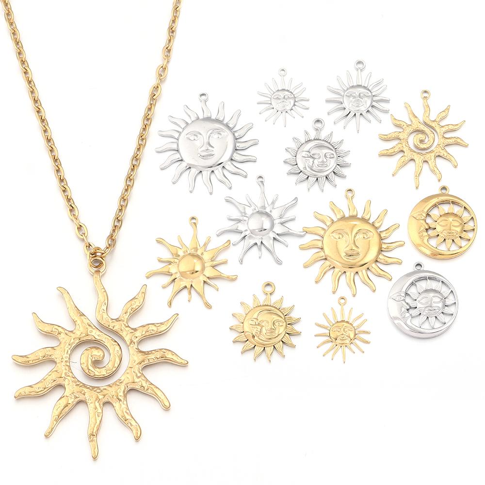 2pcs/lot Stainless Steel Retro Pendant Gold Color Sun Flower Moon Shape Charms For DIY Crafts Necklace Earrings Gift Accessories