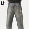 Izzueit Men's American Retro Loose Fit Washed Straight Leg Jeans
