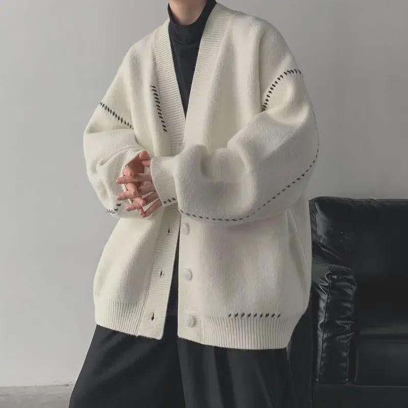 

Мужской толстый зимний кардиган в стиле ретро - японский вязаный свитер с V-образным вырезом XL белый