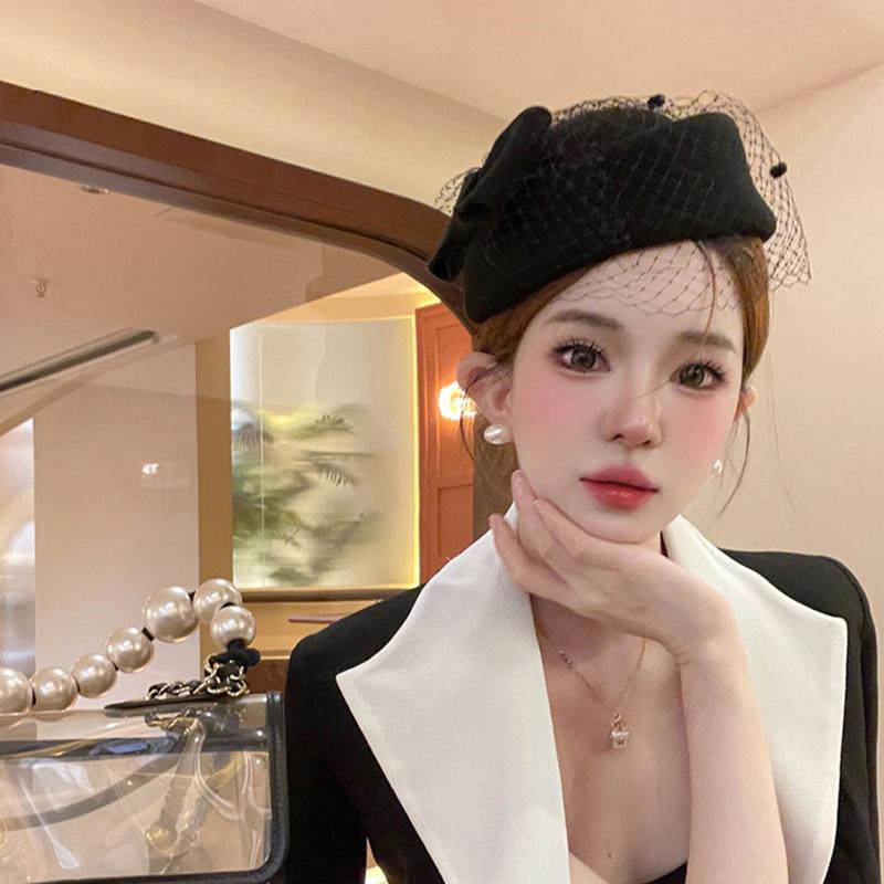 Black Stewardess Hat French Temperament Mesh Lace Woolen Hat British Berets For Women