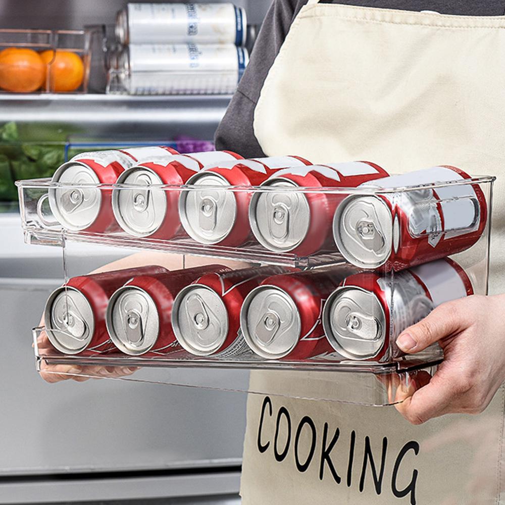 2 Tier Refrigerator Organizer Bins Soda Rolling Can Dispenser Beverage Holder Clear Food Drink Storage Holder Kitchen Accessorie