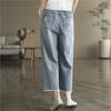 Johnature Women Vintage Embroidery Floral Denim Pants Elastic Waist Blue Casual Trouser Autumn Straight Pants