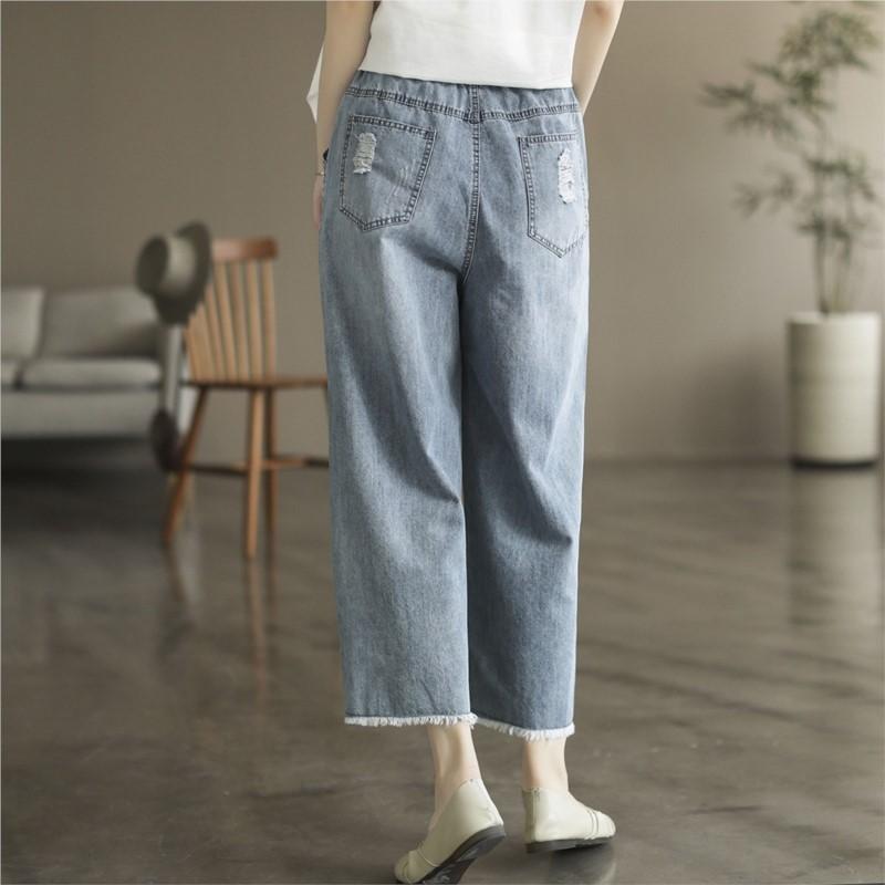 Johnature Women Vintage Embroidery Floral Denim Pants Elastic Waist Blue Casual Trouser Autumn Straight Pants