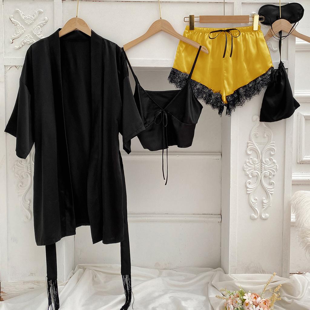 Female Sleepwear Pajamas Three-Piece Set Spring Summer Kimono Bathrobe Strap Top&Shorts Pijamas Suit Sexy Loose Satin Home Wear