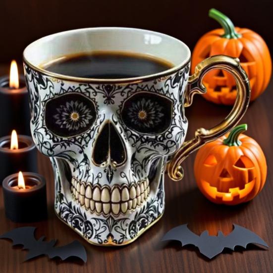 Gothic Skull Coffee Mug Royal Skeleton Cup with Gold Trim Resin Goth Tea Cup Unique Halloween Gift for Skull Lovers