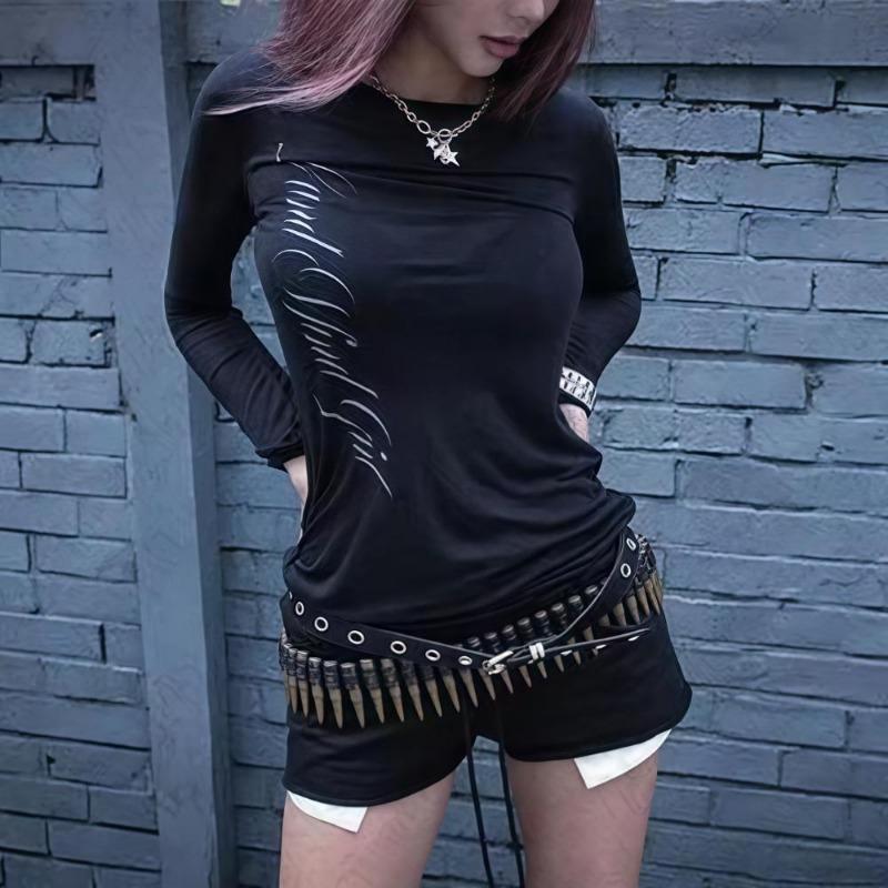 2KWEIRD Gotický Harajuku Vintage Punk Emo Dívčí Tričko s Dlouhým Rukávem Sexy Slim Šik Potisk Crop Topy Grunge Y2K Estetický Dámský Streetwear