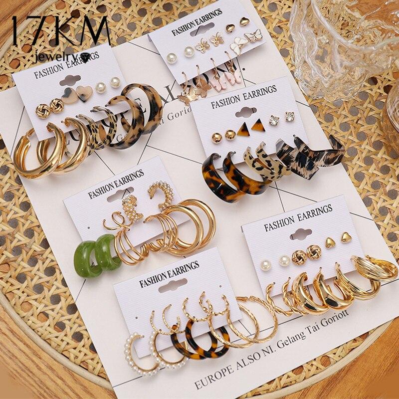 17KM Trendy Geometirc Gold Round Hoop Earrings Set for Women Big Leopard Resin Hoop Earrings 2021Accessories Jewelry Party