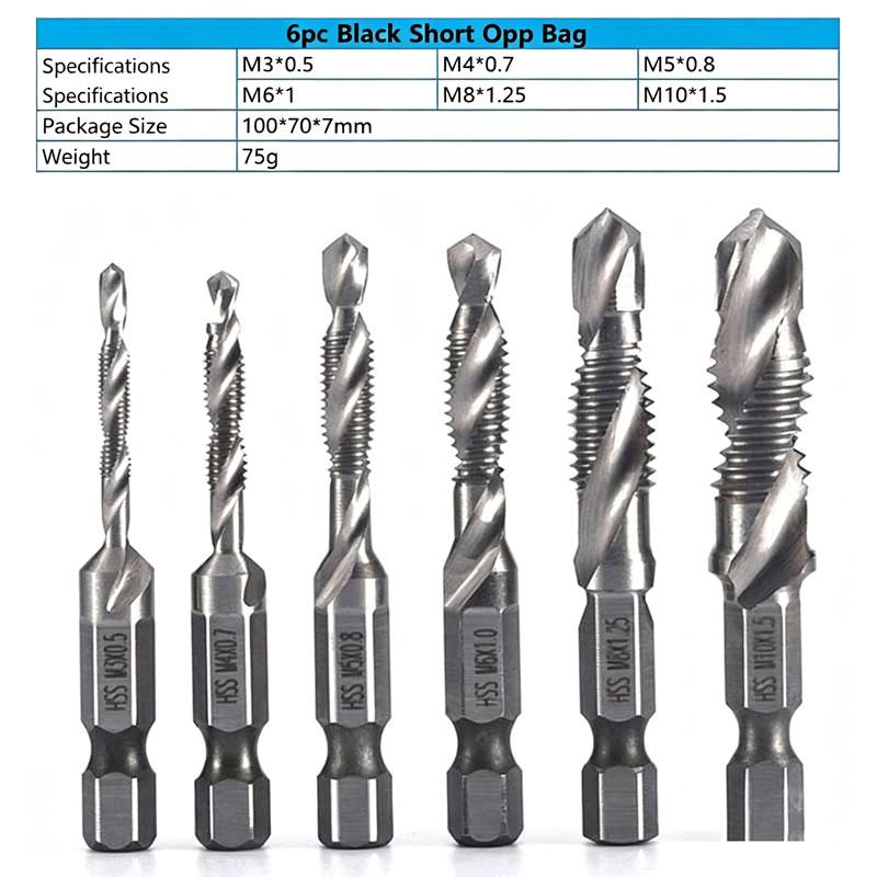 6-delige Hoge-snelheidsstaal 4341 Titanium Gecoate Composiet Tapboor en Tap Geïntegreerde Machinetap Open- en Afschuiningsgereedschapsset