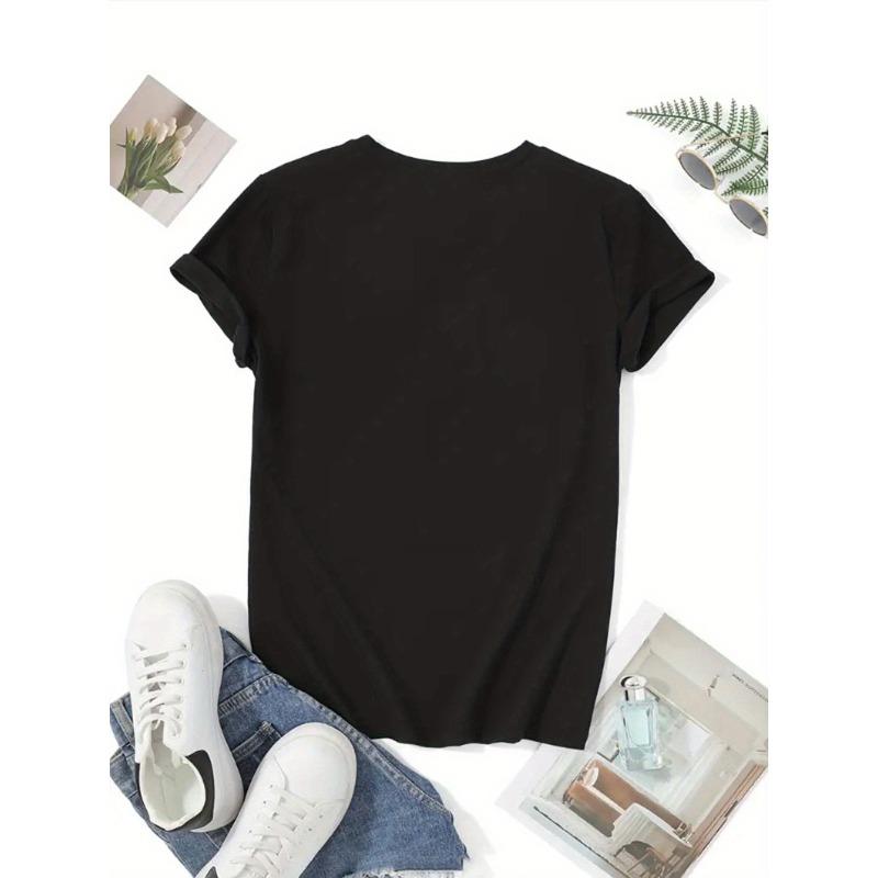 Women's Black White Floral Heart Print T-Shirt Crew Neck Short Sleeve Lightweight Polyester Medium Stretch Casual Versatile Daily Home Restaurant Top