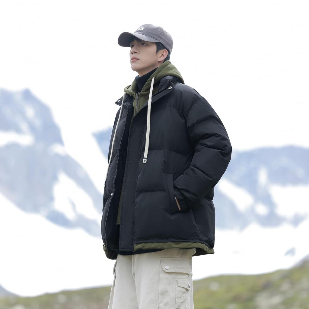 Winter Cold Weather Zipper Large Cold Down Simple Outerwear [Candy Kiosk] Men's Clothes, Coat, Filled, Hooded, Jacket, Size, Loose, Thick, Windproof,