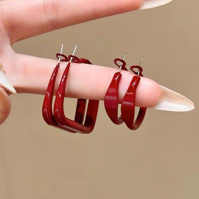 Ankola Red Geometric Earrings: European & American Style, Exaggerated Design, Retro Hong Kong Fashion for Women