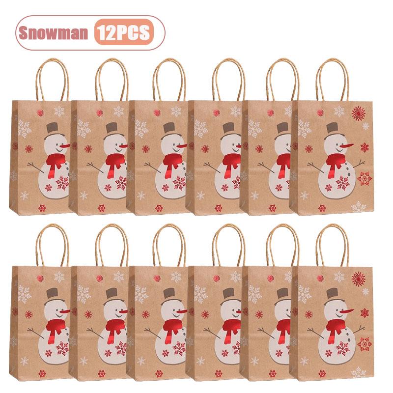 Christmas Kraft Paper Gift Bag Foil Stamped Reindeer Snowflake Tree Design Handheld Holiday Wrapping Bag for Party Gift Giving