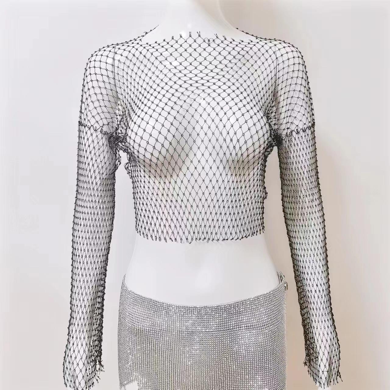 

Европейская и американская сетчатая футболка с длинным рукавом и стразами - Сексуальный топ для горячей девушки Small