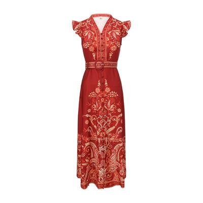 2026 Spring/Summer New Arrival Retro Ethnic-Style Cap Sleeves Printed Long Maxi Dress for Women with Belt