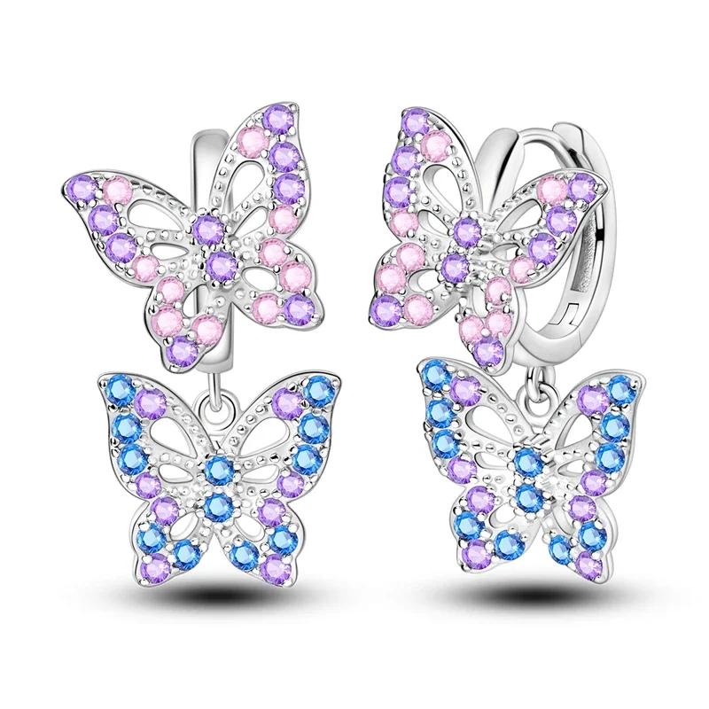 925 Sterling Silver Purple Series Feather Butterfly Dream Catcher Firefly Zircon Earrings for Women Luxury Jewelry Wedding Gift