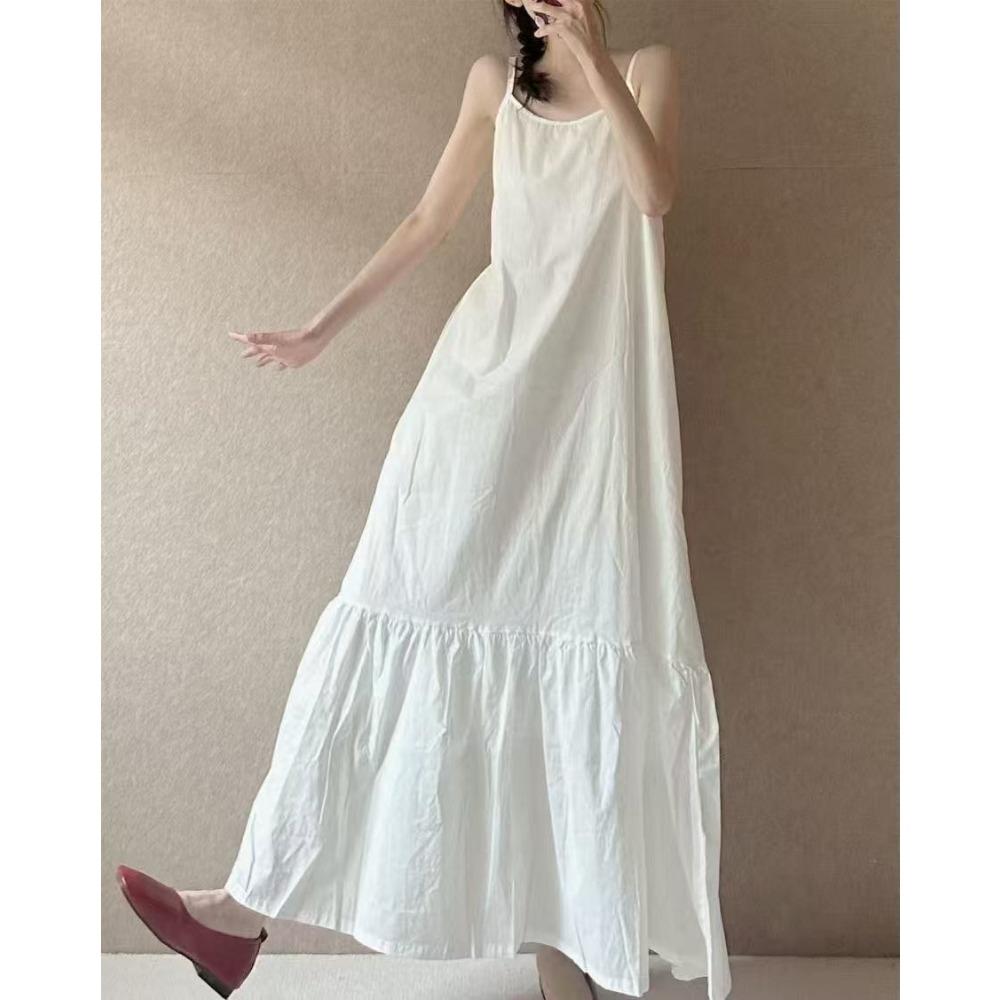 Cotton and Linen White Dress Minimalist Spliced Strap Elegant New Loose Artistic Long Skirt