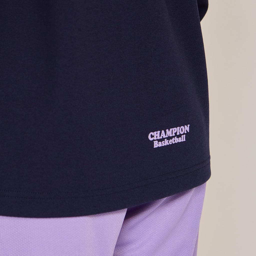 Champion Basketball Long Round Script Logo Women's T-Shirt, Navy, CW-AB429, Sleeve, Neck, Quick-Drying, Stretch, Antibacterial, Odor-Resistant, Warm,