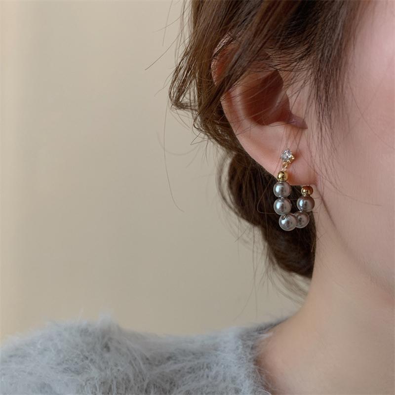 Delicate Gray Pearl Zircon Hoop Earrings for Women Vintage Elegant Crystal Beaded Earrings Bride Wedding Jewelry Gifts