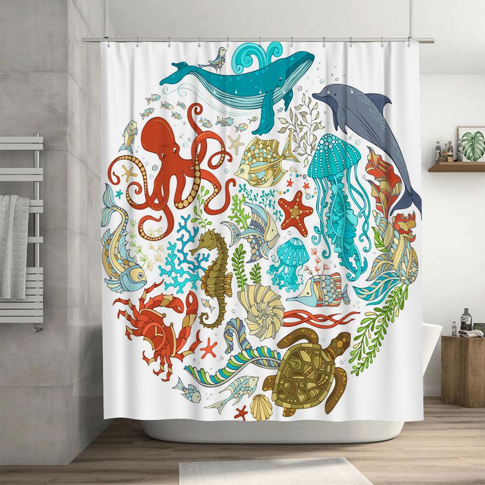 Underwater Life Sea Creature Print Shower Curtain Waterproof Decor Home Bath Accessories Customizable Size Options Available Whi