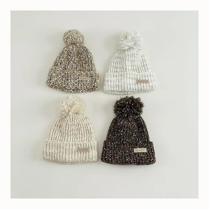 1 Stück pelzige warme Kinder-Mütze für Jungen und Mädchen, schicke koreanische Mode, Häkelmütze für Kleinkinder, Herbst-Winter, dicke Plüsch-Strickmütze