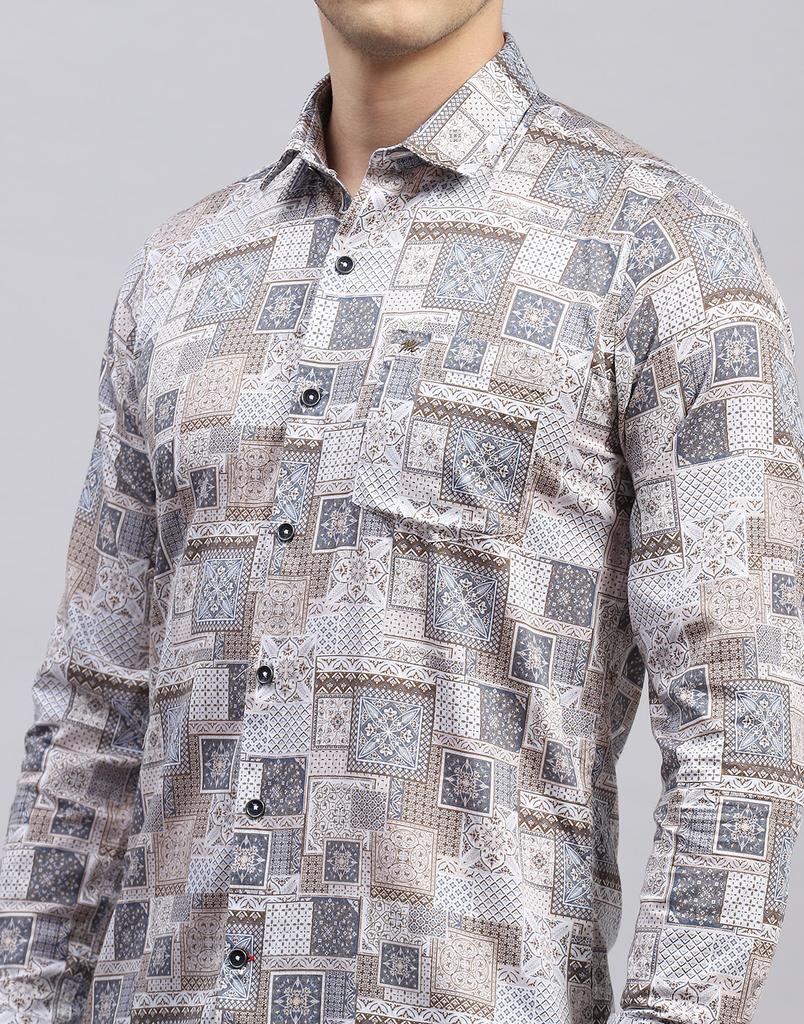 MONTE CARLO Mens Brown Printed Collared Neck Full Sleeve Slim Fit Shirt