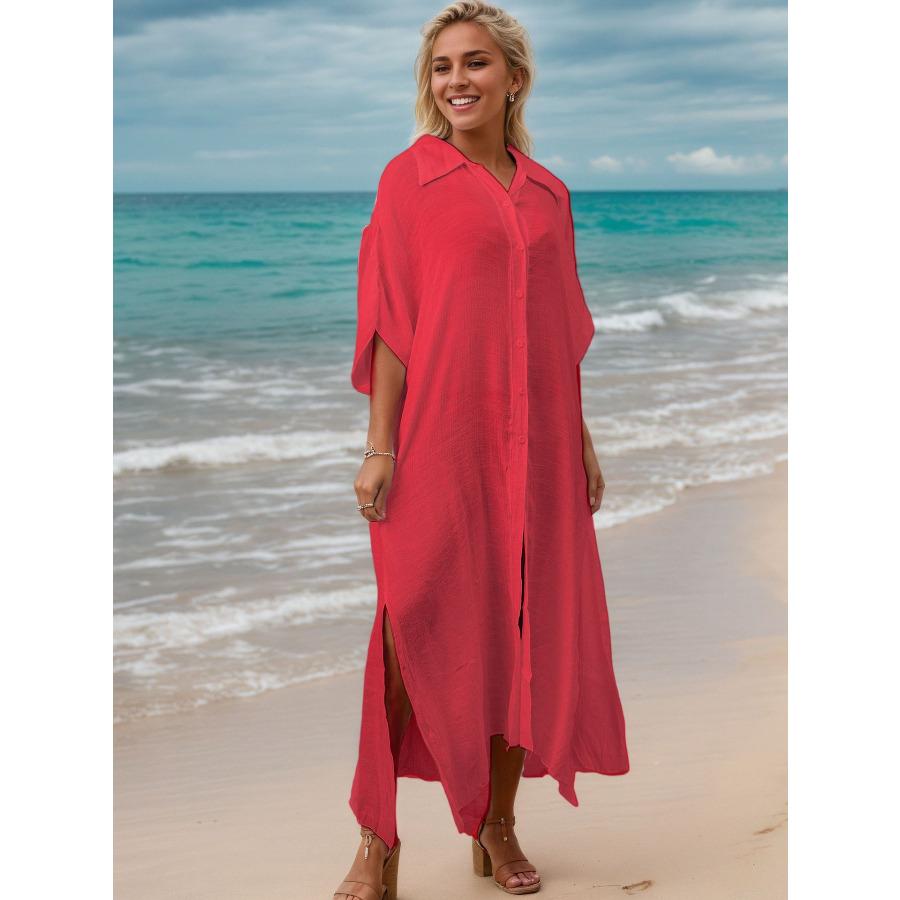 Women's Solid Color Beach Cover Up Loose Long Button Down Shirt Dress, Open Front Vacation Robe 0994 KTY