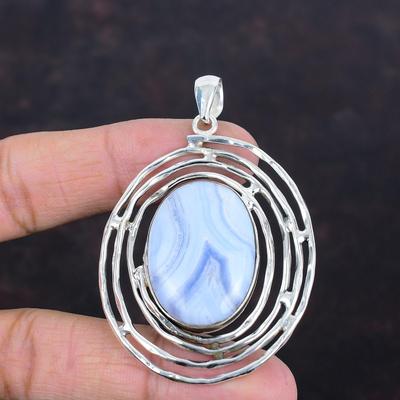 Blauer Spitzenachat Anhänger Edelstein Anhänger 925 Sterlingsilber Anhänger Heilstein Schmuck Handgefertigter Anhänger Geschenke für Freund Antiker Schmuck