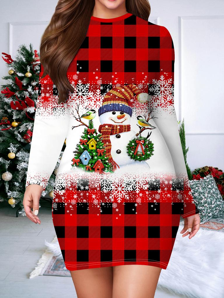 2025 Podzim a Zima Nové Dámské Šaty obepínající boky, 3D Vánoční Tisk a Barvení Dámská Móda Dlouhý Rukáv Kulatý Výstřih Sexy Šaty obepínající boky