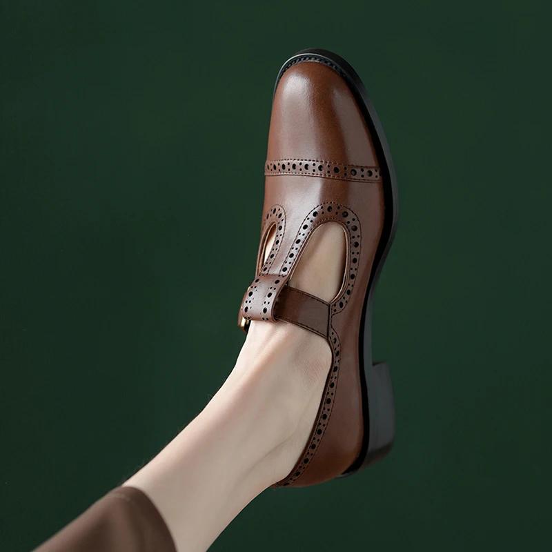 Fashion New Spring/summer Mary Jane Shoes for Women Split Leather Round Toe Thick Heel Shoes Casual Brogues Black Chunky Heel Shoes