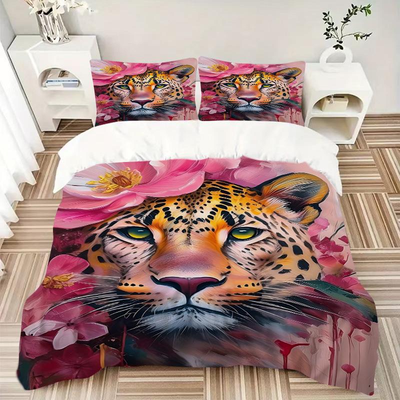 3pcs Leopard Floral Print Duvet Cover Set - Machine Washable, Includes 1 Cover and 2 Pillowcases, No Core Included Yy251013076