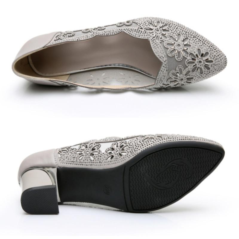  Woman Spring Summer Fashion Hollow Genuine Leather Pumps Women Shoes Heels Square Heel Mesh Ladies Office Shoes Crystal