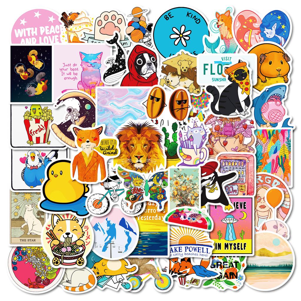 50 Color Small Fresh Style Decorative Stickers Landscape Animal Text Not Repeated Waterproof Decorative Stickers Cross