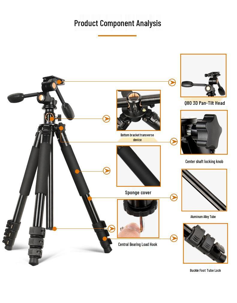 7 Lightweight Era Q720 Aluminum 32mm Photography Tripod Center Column Horizontal Arm for DSLR Cameras