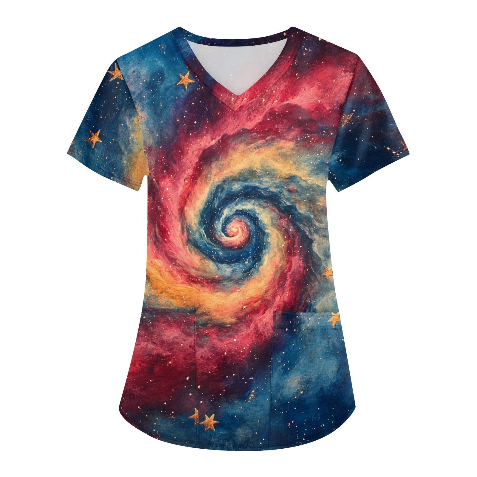 Women s Printing Uniform Work Uniform V-neck Pockets Basic Short Sleeve Pullover Top XXXXL синий