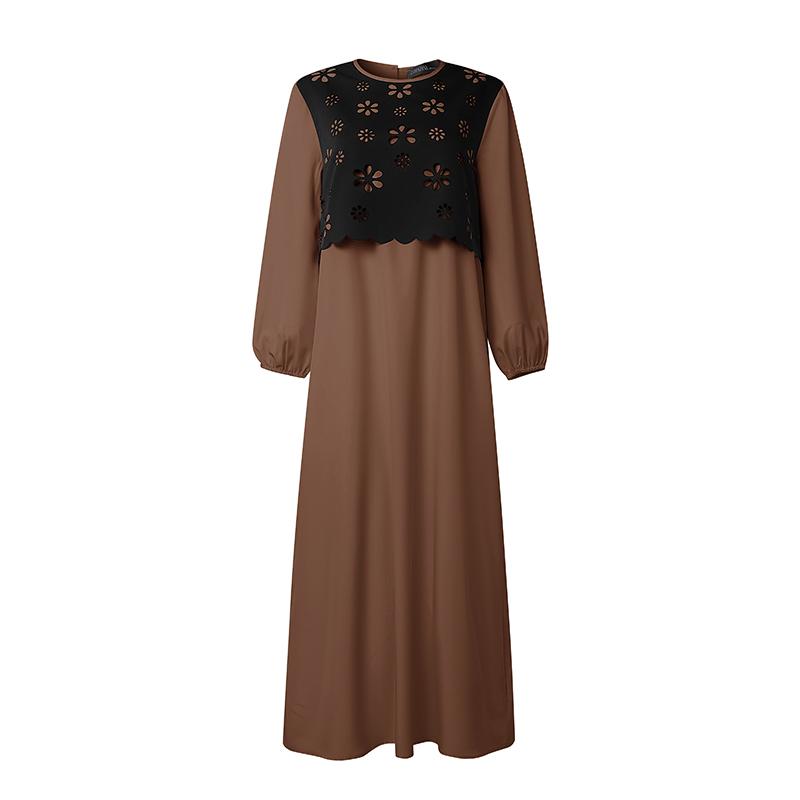 ZANZEA Women Hollow Splice Loose Casual Round Neck Long Sleeve Vintage Dress