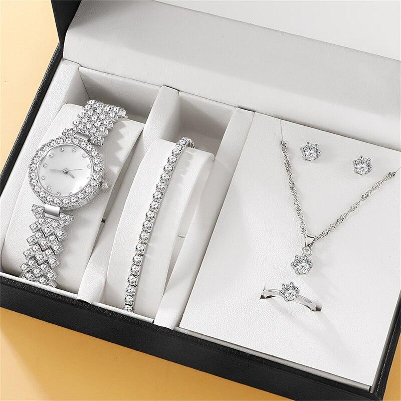 

6PCS Set Luxury Watch Women Ring Necklace Earring Rhinestone Fashion Wristwatch Casual Ladies Watches Bracelet Set Clock серебряный
