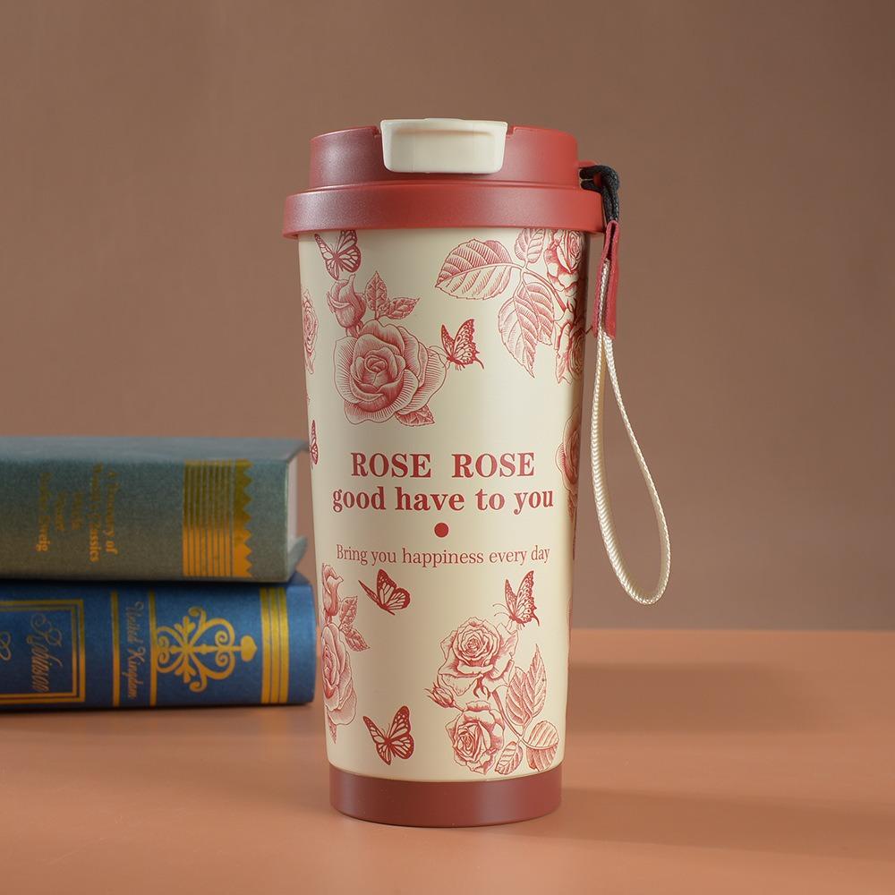 Spot Hot Sale Lily of the Valley Coffee Cup Stainless Steel Thermos Cup High Value Double Drink Straw Cup Logo