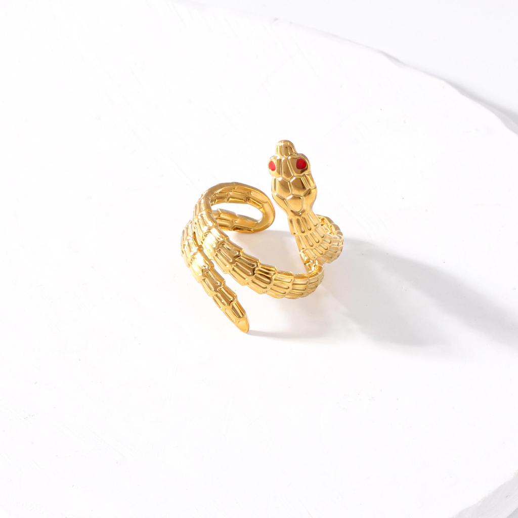 Gold Plated Snake Shape Stainless Steel Ring - European & American Fashion, French Retro Titanium Steel Jewelry.