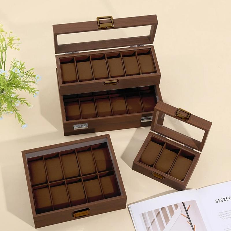 Wooden Watch Display Case Dustproof Glass Lid 4 Slot Compact Watch Storage Box for Women Small Wristwatch Jewelry Storage