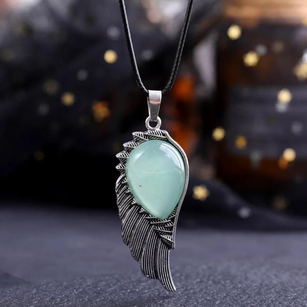 Natural Crystal Necklace Angel Single Winged Pendant Natural Gem Necklaces Jewelry Healing Stone Necklaces for Women Angel Wings
