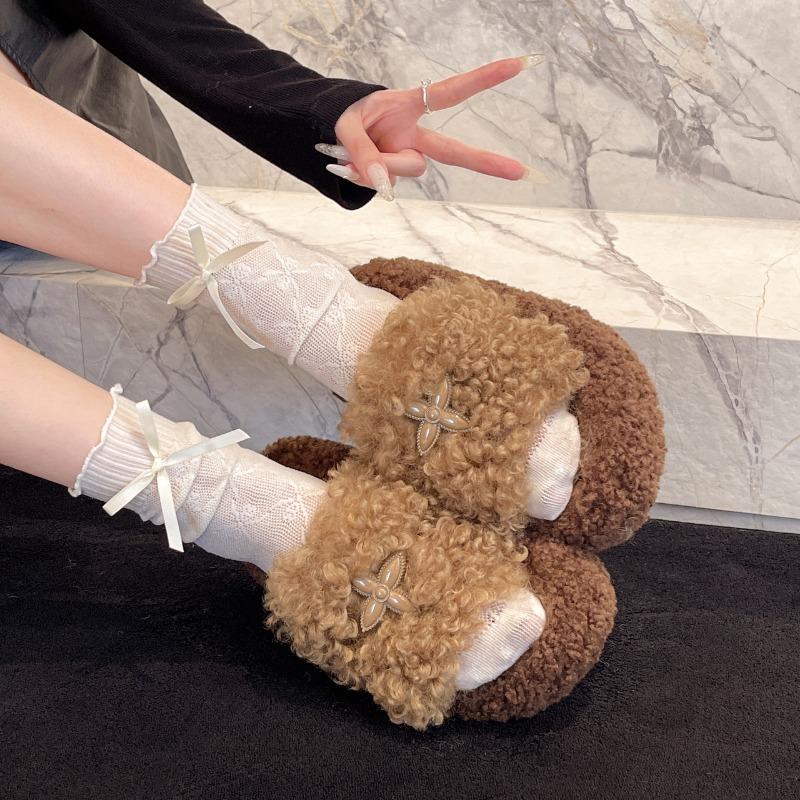 Fashion Curly Wool Slippers Women Lambs Fur Shoes Thicken Soled Platform Slides Ladies Woolen Pantufa Shearling Loafers Furry Shoes