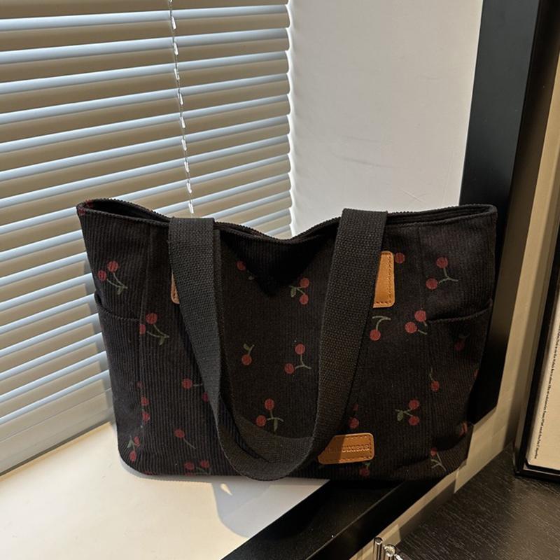 

Вельветовая сумка-тоут Милая сумка с нашивкой вишни для женщин Тканевая сумка-тоут большой вместимости Сумка через плечо Повседневные сумки под мышкой 39x14x26cm чёрный