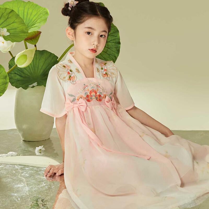 Girls' Princess Style Hanfu Short Sleeve Embroidered Dress