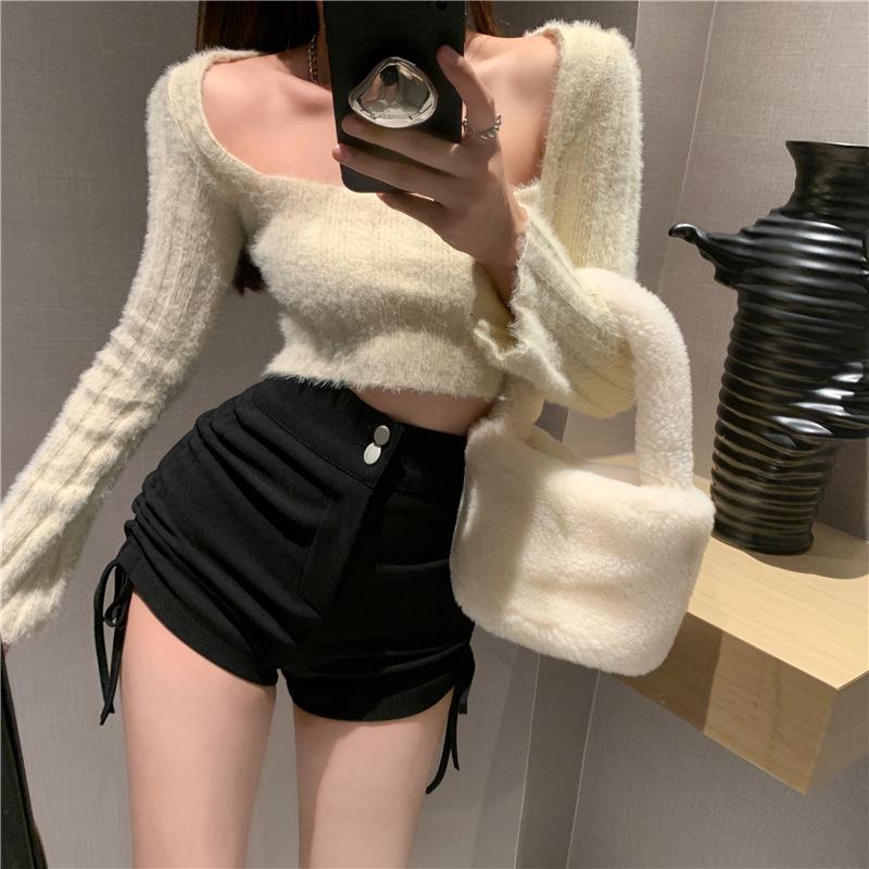 Women's High-Waist Slim A-Line Shorts with Side Laces - Korean Style, Autumn/Winter 2022