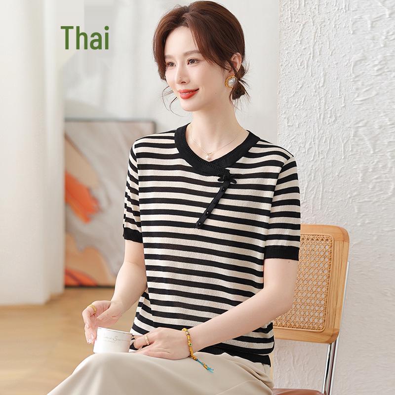 

Mom s Summer Ice Silk Short-Sleeve Blouse - Elegant Knit Top for Mother s Day, Middle-Aged & Elderly Women, Chinese Style. 2XL (110-120 lbs)