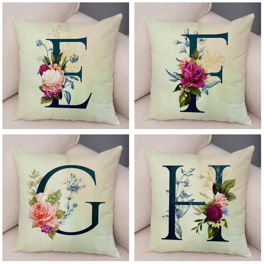 English Flower Beige Letter Print Pillow Case for Sofa Home Decor Floral A-Z Cushion Cover Soft Short Plush Pillowcase 45x45cm