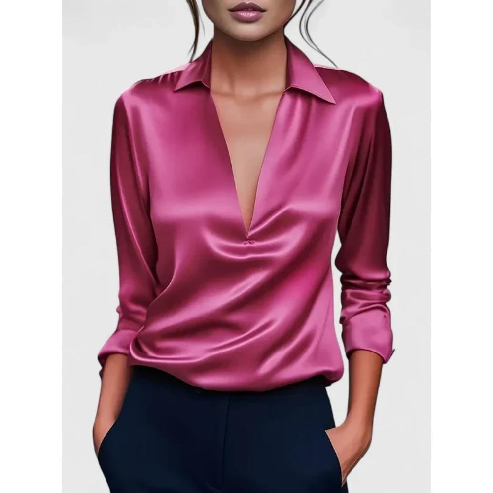 Women's Turn Down Collar Long Sleeve Deep V Neck Solid Satin Elegant Office Blouse Casual Daily Shirt