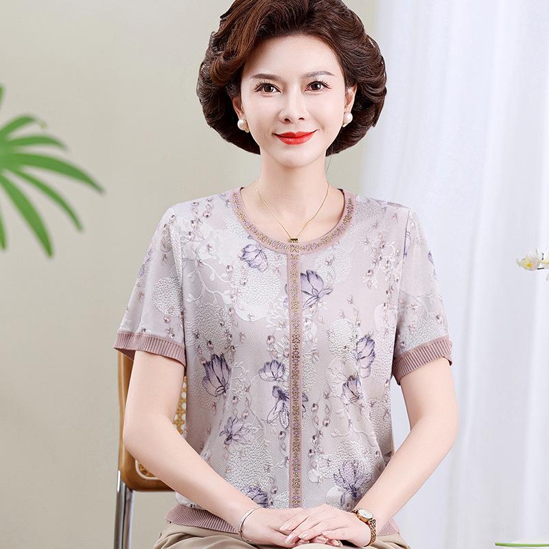 

Elegant Summer Jacquard Ice Silk T-shirt for Middle-aged Women - Short-Sleeve Round Neck Blouse L (80-100 lbs) фиолетовый