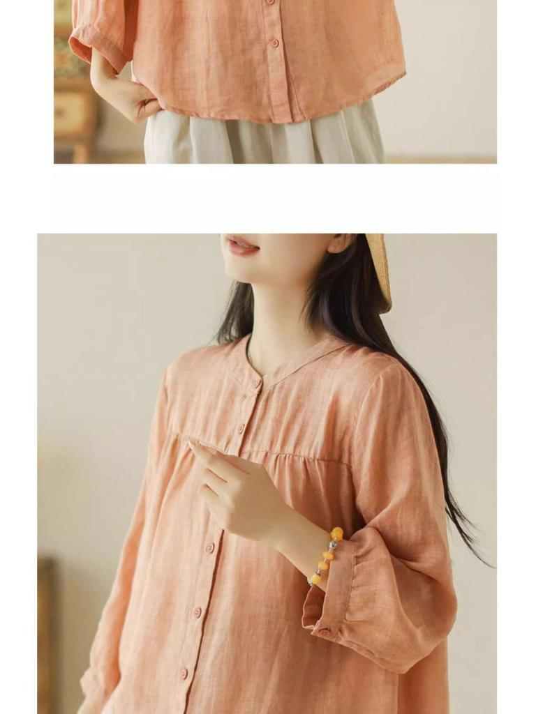 Spring/Summer Retro Slimming Cotton Linen Cardigan - Women's Seven-Sleeve Shirt